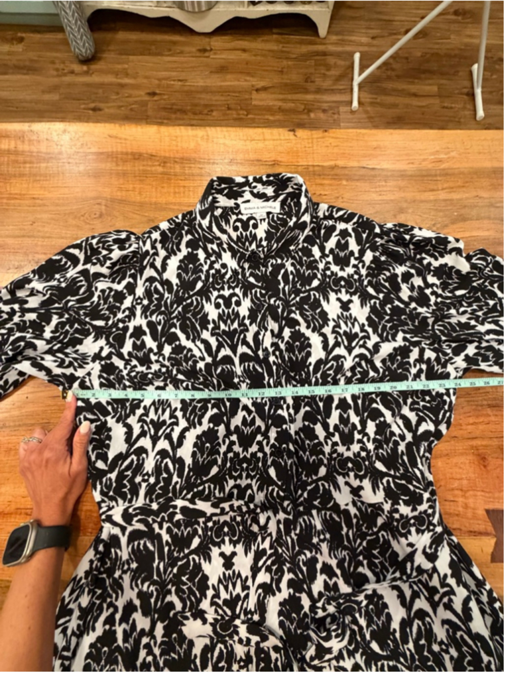 Emma & Michele Maxi Dress 3X Damask Print Black White Long Sleeve Shirt Dress - Picture 8 of 11